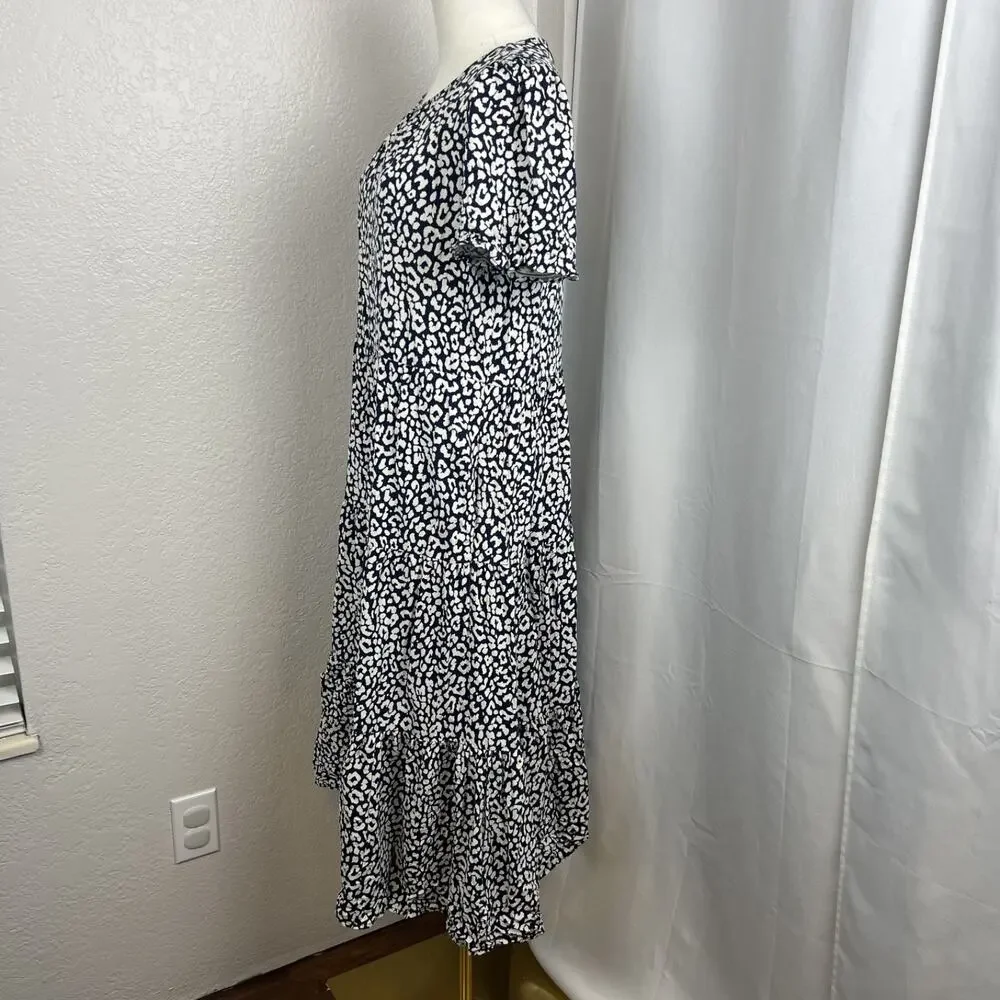 J Crew Midi Dress Womens Medium Blue White Leopard Print Puff Sleeve Tiered Boho